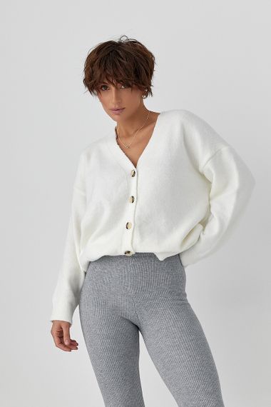 В'язаний кардиган на ґудзиках з V-подібним вирізом - білий цвет, ONE SIZE (є розміри) | Зображення 4