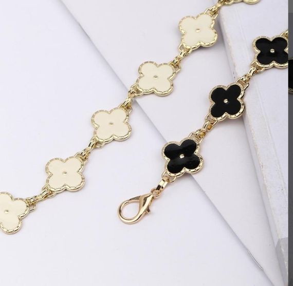 Стильний пояс ланцюжок двосторонній чотирьохлисник gold black/white | Зображення 7