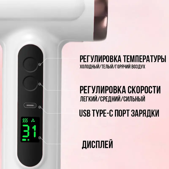 Акумуляторний бездротовий фен потужністю 200W RT-305 Білий Type-C | Зображення 2