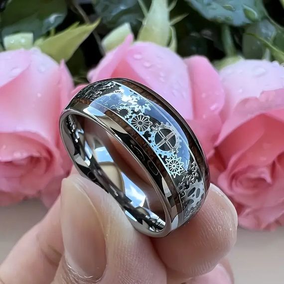 Модное мужское кольцо с деревянным узором и механической шестеренкой из нержавеющей стали размер 17 | Зображення 3