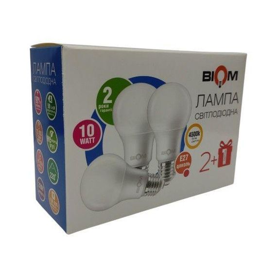 Світлодіодна лампа Biom BT-510/3 A60 10W E27 4500К матова (упаковка 3 шт.) | Зображення 1