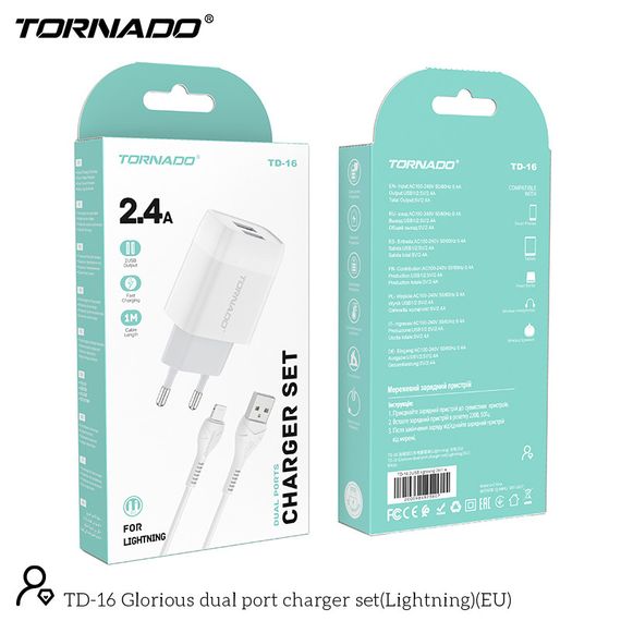 Мережевий зарядний пристрій Tornado TD-16 (2USB/2.4A/1м) + USB кабель Lightning-білий | Зображення 4