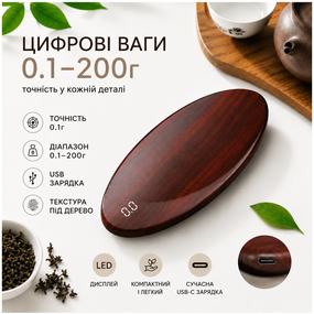 Цифровые весы 0.1-200г с USB зарядкой, овальные весы для чайной церемонии (текстура под дерево)
