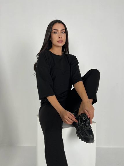 Женский спортивный прогулочный костюм с укороченными штанами NB24003 черный, размер 42/44 | Зображення 1