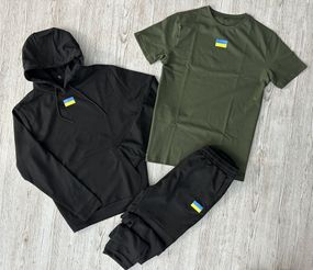 Комплект 3 в 1 Демісезонний спортивний костюм Прапор чорний худі + чорні штани (двонитка) + Футболка хакі Прапор України