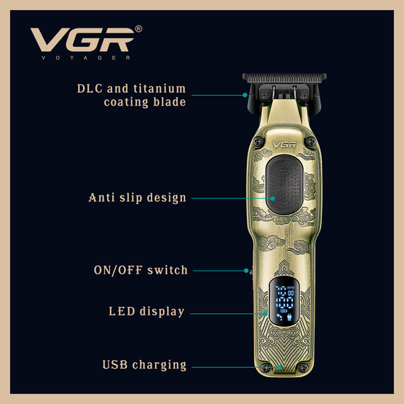 Триммер для стрижки аккумуляторный VGR V-954, 4 насадки, 7000 RPM, LED дисплей | Зображення 7