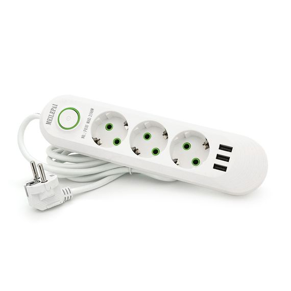 Сетевой фильтр F03U, 3 розетки EU+3 USB, 1.5 м, сечение 3х0, 75мм, 2500W