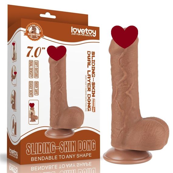Фалоімітатор з мошонкою 7'' SLIDING SKIN DUAL LAYER DONG BROWN Sex Aura