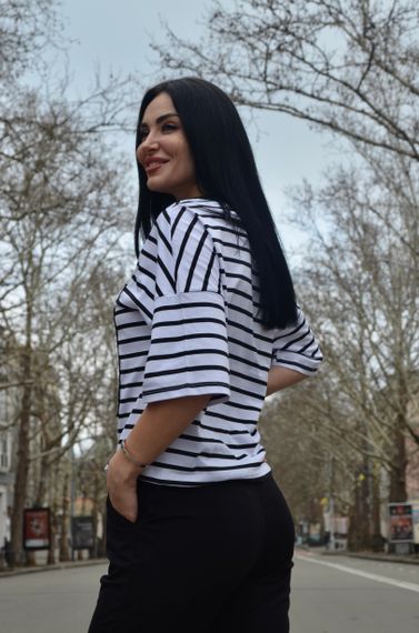 Женский летний споривный костюм штаны и футболка в полоску  GF1712 цвет черный размер 46/48 | Зображення 3