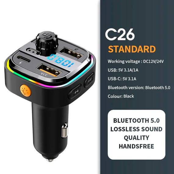 Автомобильный FM ФМ модулятор Terra С26, Bluetooth 5.0, трансмиттер, USB 3.1А, Type C | Зображення 3