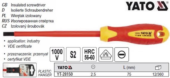 Викрутка плоска діелектрична ізольована YATO : шліц SL2.5 x 75 мм. VDE до 1000V [12/120] YT-28150