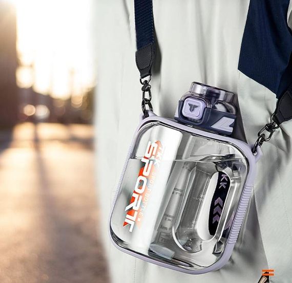 Спортивная бутылка для воды TKK Sport 1000 мл из Тритана (BPA Free), фиолетовая квадратная бутылка с трубочкой и ремешком | Зображення 2