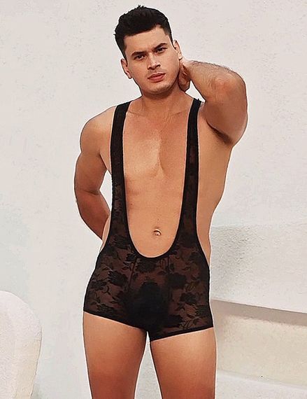 Мужской кружевной комбидресс с подтяжками Star Night черный, S sexstyle | Зображення 1
