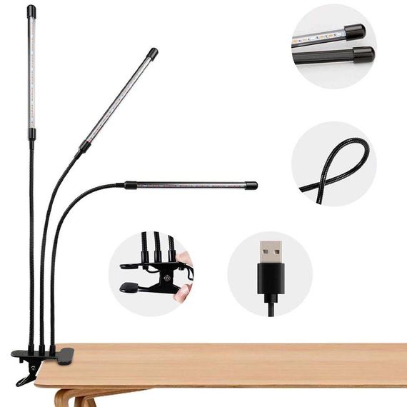 Ультрафіолетова лампа для рослин на 3 гілки, 30 Вт, L3 / Гнучка фітолампа з таймером / Світодіодний фітосвітильник на прищіпці | Зображення 2