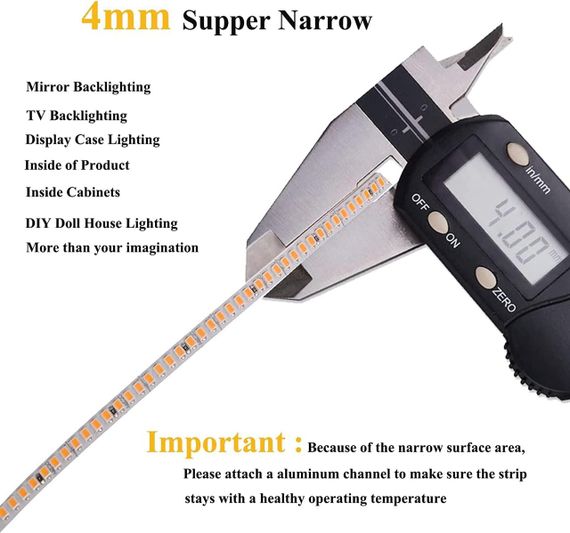 Світлодіодна стрічка JOYLIT 4мм, 24V, 5м, 5500 Лм, CRI 90+, 1750 LED, 3000K, LED лента для меблів, полиць | Зображення 4