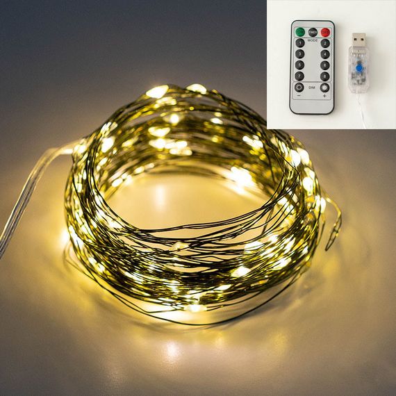 Гирлянда нить капля росы 10 метров 100 LED ламп Желтая Роса USB с пультом