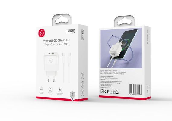 Мережевий зарядний пристрій XO L137 1USB-C/1USB PD/QC 20W+Type-C to Type-C New Logo | Зображення 4