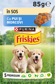 Вологий корм пауч Purina Friskies Junior pouch для цуценят, шматочки в підливі з куркою і морквою, 85г