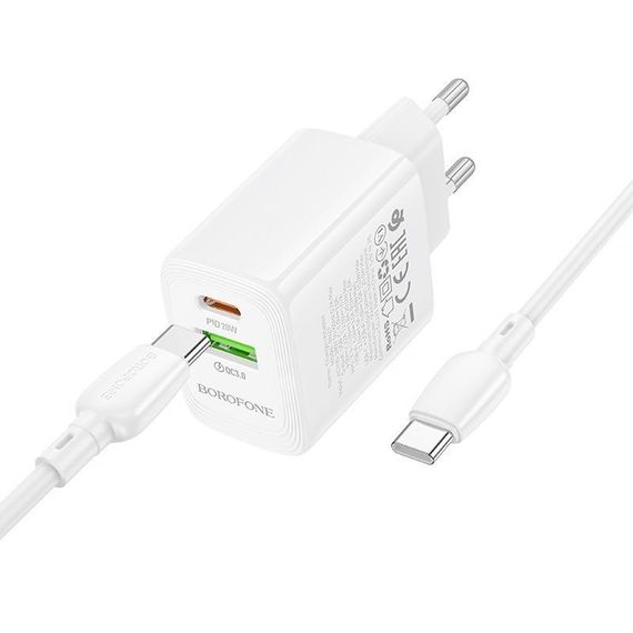МЗП Borofone BN27 Fuente PD20W+QC3.0 (1USB-A/1C) + кабель Type-C to Type-C White | Зображення 3