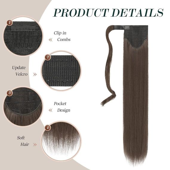 Накладной хвост FESHFEN 60 см каштановый, искусственные прямые коричневые волосы на клипсе, цвет 6/10H# шиньон | Зображення 2