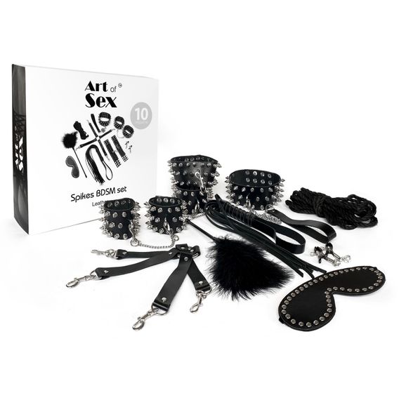 BDSM-набір Art of Sex – Spikes BDSM Set Leather, 10 предметів, чорний, натуральна шкіра | Зображення 3