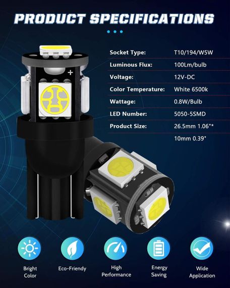 Білі світлодіодні лампи Alopee W5W, 501, T10, 194, 12 В, 5SMD, 5050 чипи, 7000 K (паковання 15 шт.) | Зображення 4