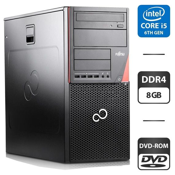 Комп'ютер Fujitsu Esprimo P756 E90 Tower / Intel Core i5-6500 (4 ядра по 3,2 - 3,6 ГГц) / 8 ГБ DDR4 / 256 ГБ SSD M.2 + 500 ГБ HDD / Intel HD Graphics 530 / DVD-ROM / Windows 11 Pro б/в