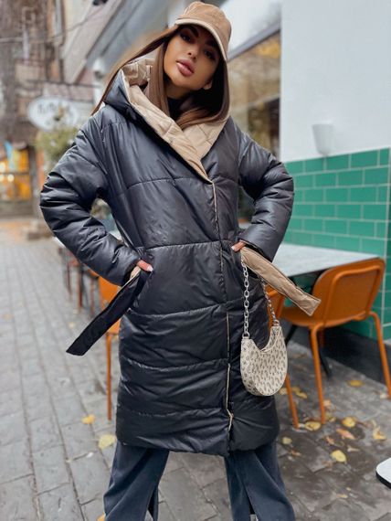 Женская двухсторонняя куртка-пальто длинное на кнопках LY30368 цвет черно-бежевое, размер 42/48 | Зображення 3