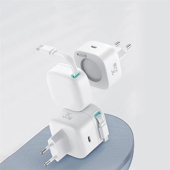 СЗУ Usams US-CC202 GaN With Type-C Magnetic Retractable Cable Module XMF Ser. 35W (2USB-C) White | Зображення 1