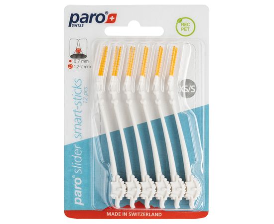 Змінні міжзубні щітки paro® slider smart-sticks XS/S, (Ø стрижня 0.7 мм, Ø щітки 1.2-2 мм), 12 шт.