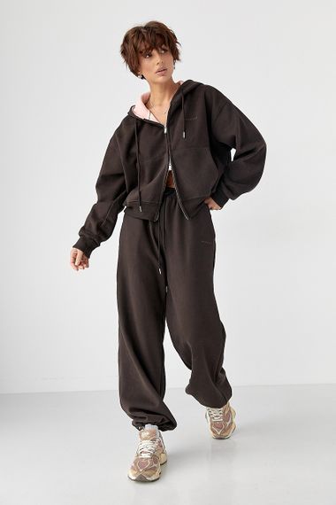 Теплий спортивний костюм з капюшоном із рожевим начосом - темно-коричневий цвет, M/L (є розміри)