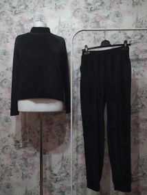 Женская Велюровая пижама лонгслив штаны черный бархатный домашний костюм 44