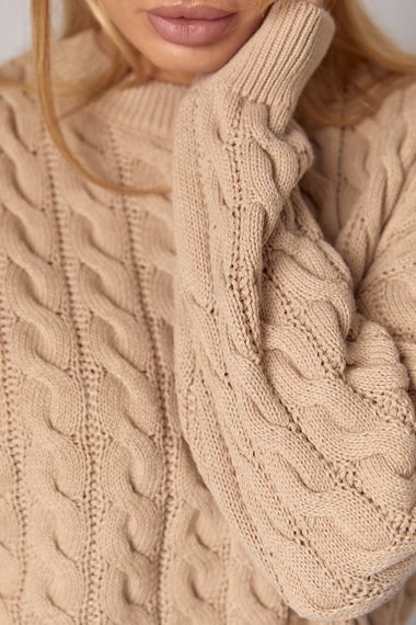 Укорочений в'язаний джемпер oversize з косичками - світло-коричневий цвет, ONE SIZE (є розміри) | Зображення 3
