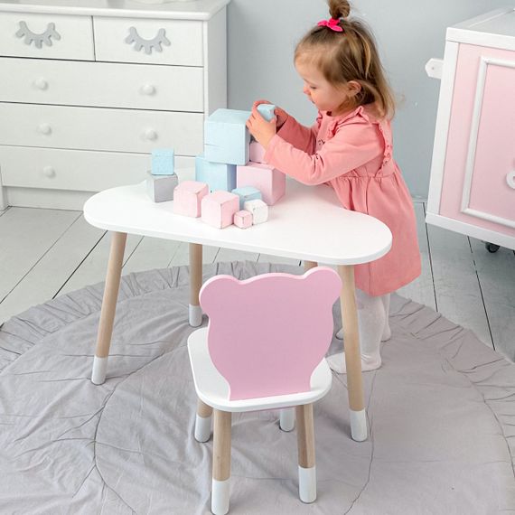 Дитячи білий стіл хмарка і стільчик ведмедик дитячий рожевий. Дитячий столик білосніжний. | Зображення 5