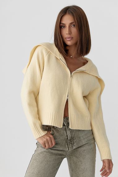 В'язаний укорочений жіночий кардиган на блискавці - кремовий цвет, ONE SIZE (є розміри) | Зображення 3