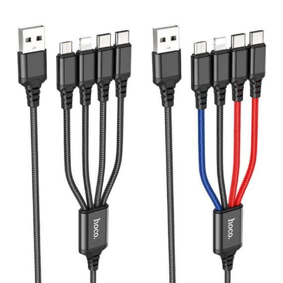 Кабель HOCO X76 USB to iP+Type-C+Type-C+Micro 2A, 1m, nylon, aluminum connectors Black+Red+Blue | Зображення 2