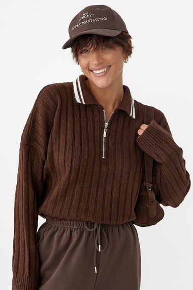 В'язана кофта-поло в широкий рубчик - коричневий цвет, ONE SIZE (є розміри) | Зображення 4