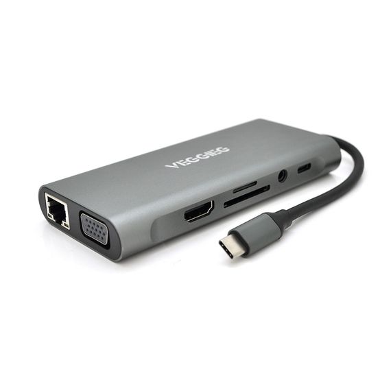 Хаб-конвертор VEGGIEG TC11-S Type-C (папа) на Type-C(мама) + USB3.0*3(мама) + HDMI(мама) + jack3.5(мамама) + SD/TF + RJ45, 10 см, | Зображення 1