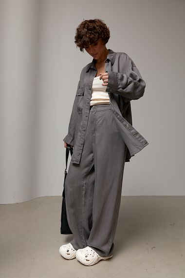 Вільний котоновий костюм із сорочки на кнопках і прямих штанів - сірий цвет, ONE SIZE (є розміри)