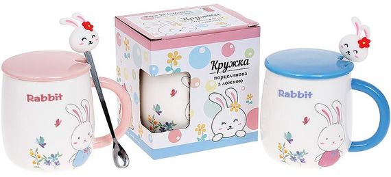 Кружка порцелянова "Rabbit" 430мл з кришкою і ложкою, 3 дизайни | Зображення 1