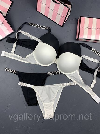 Комплект чорного жіночої нижньої білизни Victoria's Secret Модель Букви Стрази Вікторія Сікрет | Зображення 2