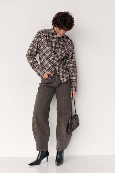 Сорочка в клітинку з акцентом на талію - коричневий цвет, S (є розміри) | Зображення 2