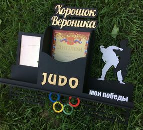 Медальниця карате, тейквондо, айкідо, іменна з поличкою, дерев'яна, тримач для медалей, медальниці