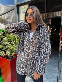 Женская теплая флисовая рубашка леопардоваый принт ALI302/1 цвет коричневый, размер 52/54