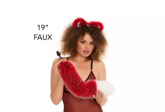 Анальний хутряний хвіст без пробки, Темно-червоний з білим кінчиком, OKOVA, 50 см. Sex Aura