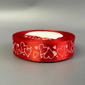 Лента атласная красная Сердечки 2,5см (23м)  (АЛР2-009)