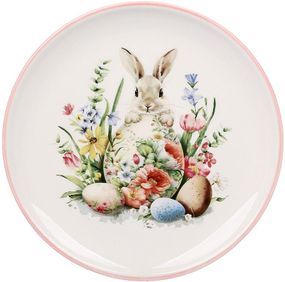 Тарілка керамічна великодня "Кролик у Квітах" Ø20см з рожевою облямівкою