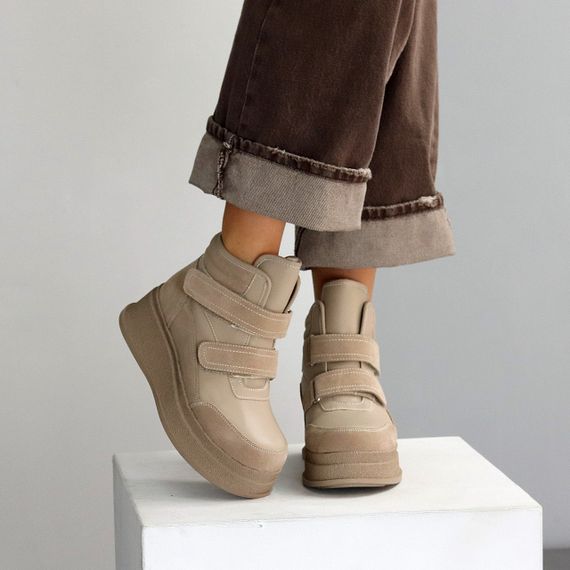 Бежеві зимові черевики снікерси на липучках натуральна шкіра + замша | Зображення 2