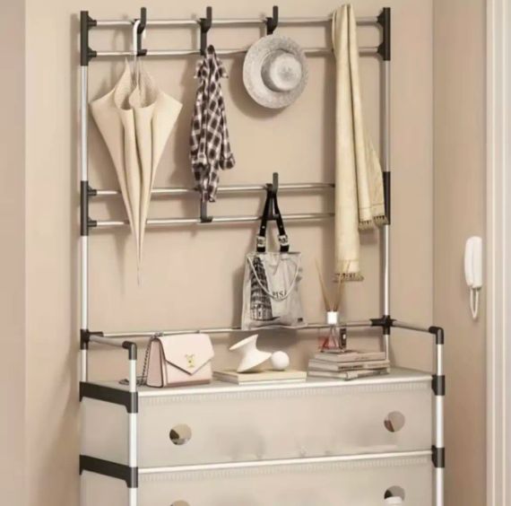 NEW Залізна вішалка для одягу + підставка для взуття, 2 в одному, 4 полиці Бежева | Зображення 1