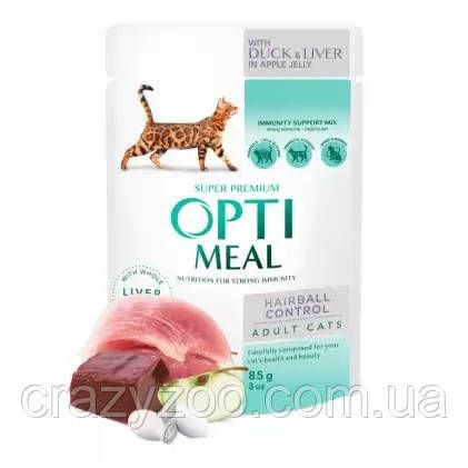 Консерва для дорослих котів OptiMeal Adult Hairball Control шерстьовивідний качка зі шматочками печінки в яблучному | Зображення 3